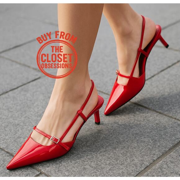 ZARA Red Patent Kitten Heels NWT | Viral Slingback Pumps - Picture 1 of 16